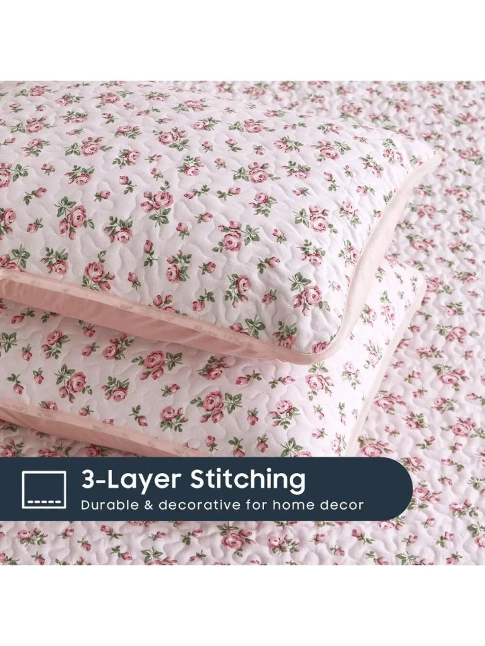 Floral Quilt Set - Cottagecore Shabby Chic Reversible Bedspread, Pink King Size